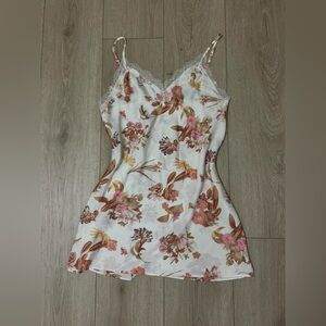 Victoria's Secret White Satin Floral Slip Dress with Pink & Brown Accents